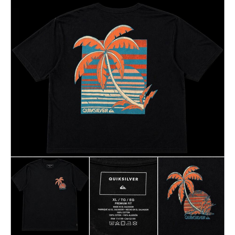 Quiksilver Mens XL Black Graphic T Shirt Palm Tree Sunset Surf Tee Premium Fit